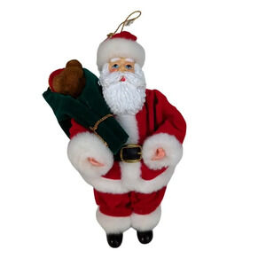 Santa Clause Ornament Teddy Bear Velvet Clothes Plastic Face and Hands Vintage